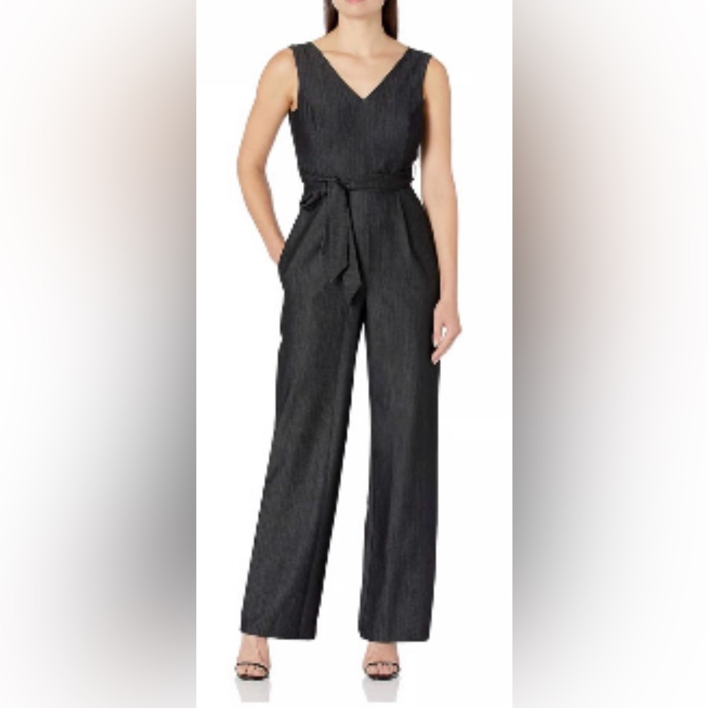 Calvin Klein Black V-Neck Wide-Leg Jumpsuit with Tie Waist